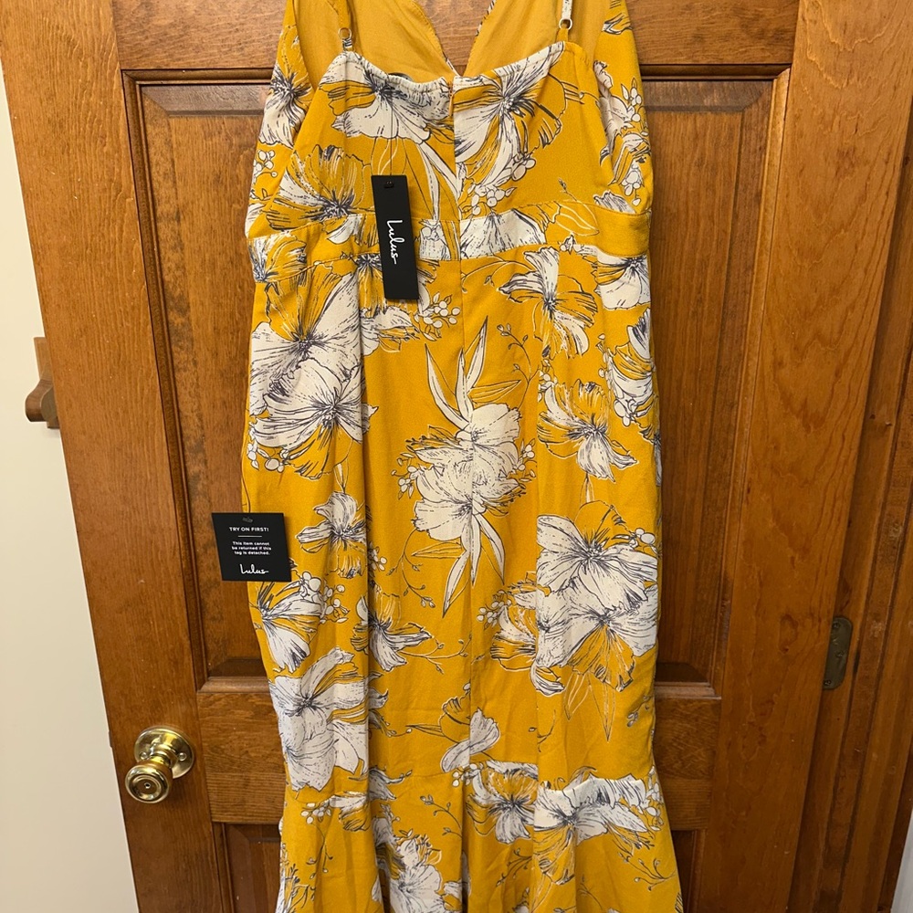 Lulus Darling Daylily Mustard Yellow Floral Print High-low Maxi Dress - Size L - Picture 4 of 4